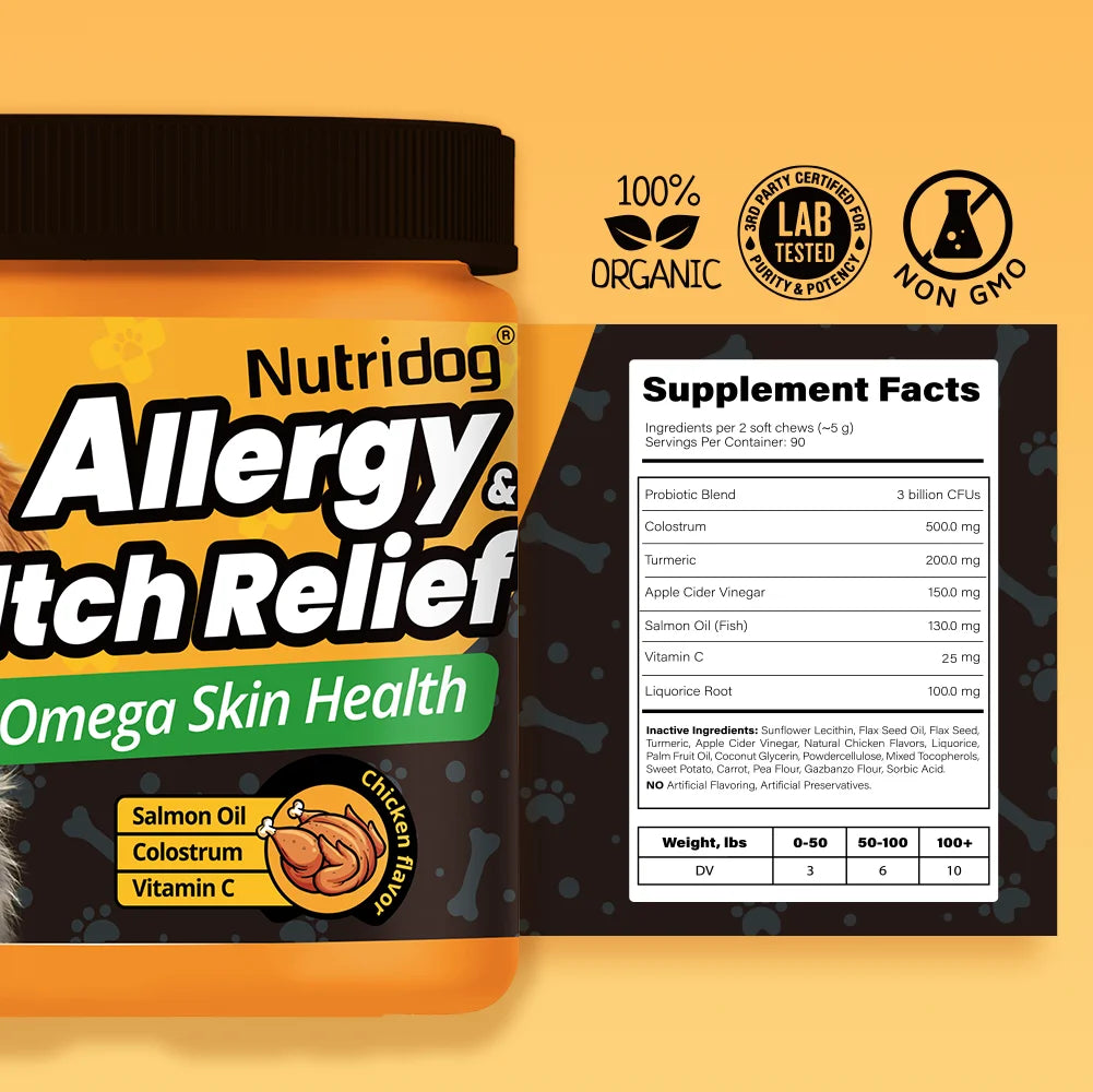 Allergy & Itch Relief Chews for Dogs | Omega-3, Probiotics & Immune Support | Chicken Flavor | 90 Soft Chews