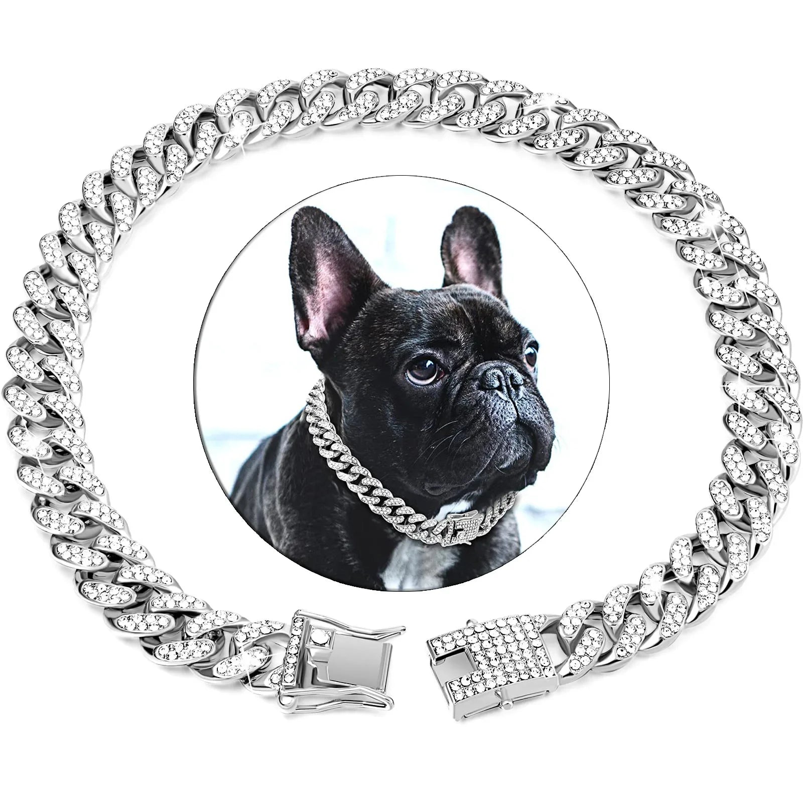 Luxury Diamond Cuban Link Pet Collar | Stainless Steel Dog & Cat Jewelry with Secure Buckle
