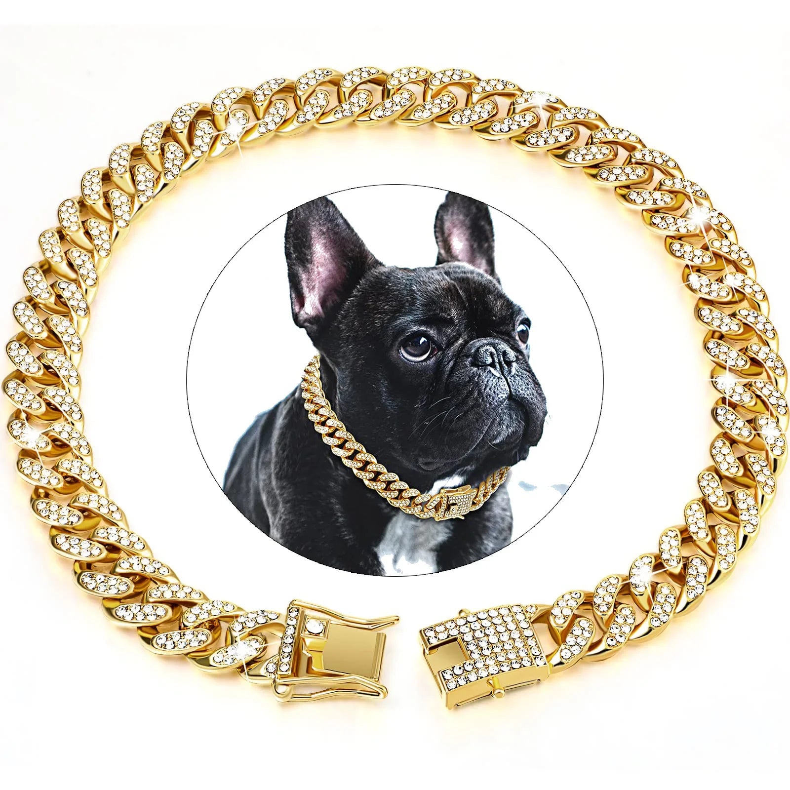 Luxury Diamond Cuban Link Pet Collar | Stainless Steel Dog & Cat Jewelry with Secure Buckle