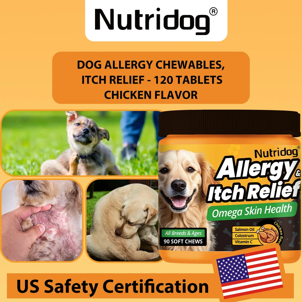 Allergy & Itch Relief Chews for Dogs | Omega-3, Probiotics & Immune Support | Chicken Flavor | 90 Soft Chews