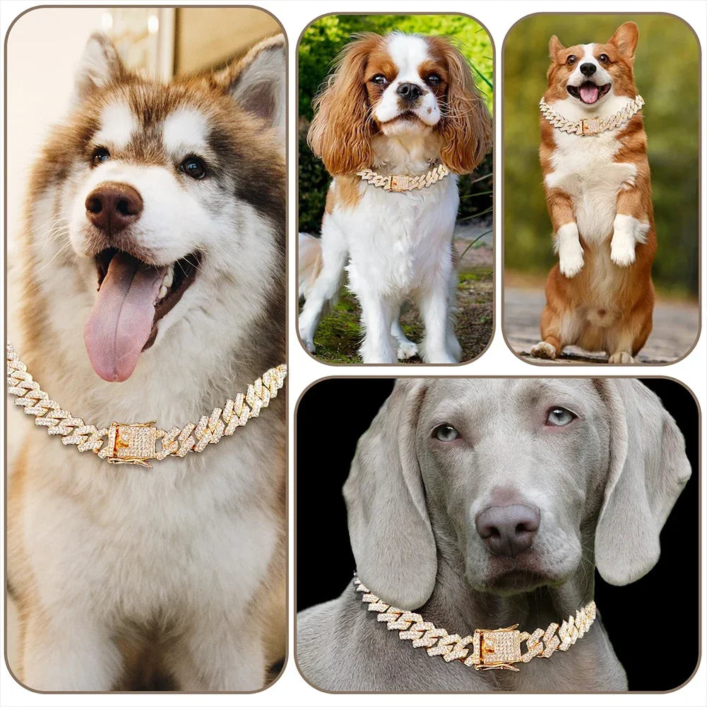 Luxury Diamond Cuban Link Pet Collar | Stainless Steel Dog & Cat Jewelry with Secure Buckle