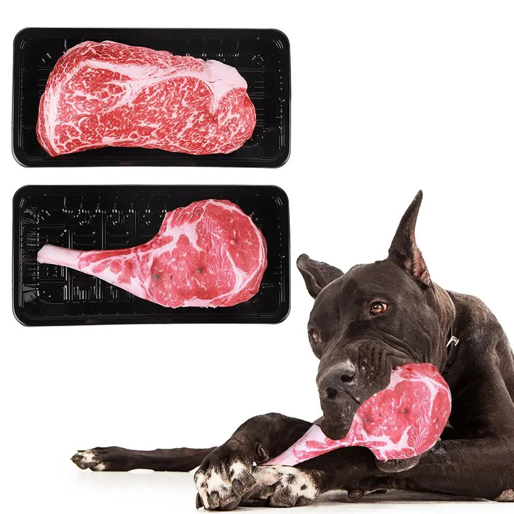Steak & Bone Plush Squeaky Dog Toy | Interactive Chew Toy for Puppies & Dogs