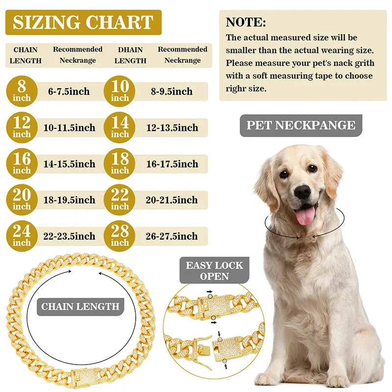 Luxury Diamond Cuban Link Pet Collar | Stainless Steel Dog & Cat Jewelry with Secure Buckle